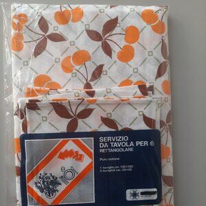 1973 Vintage Italian Table Cloth and Napkins - Apricot Print - New Old stock -